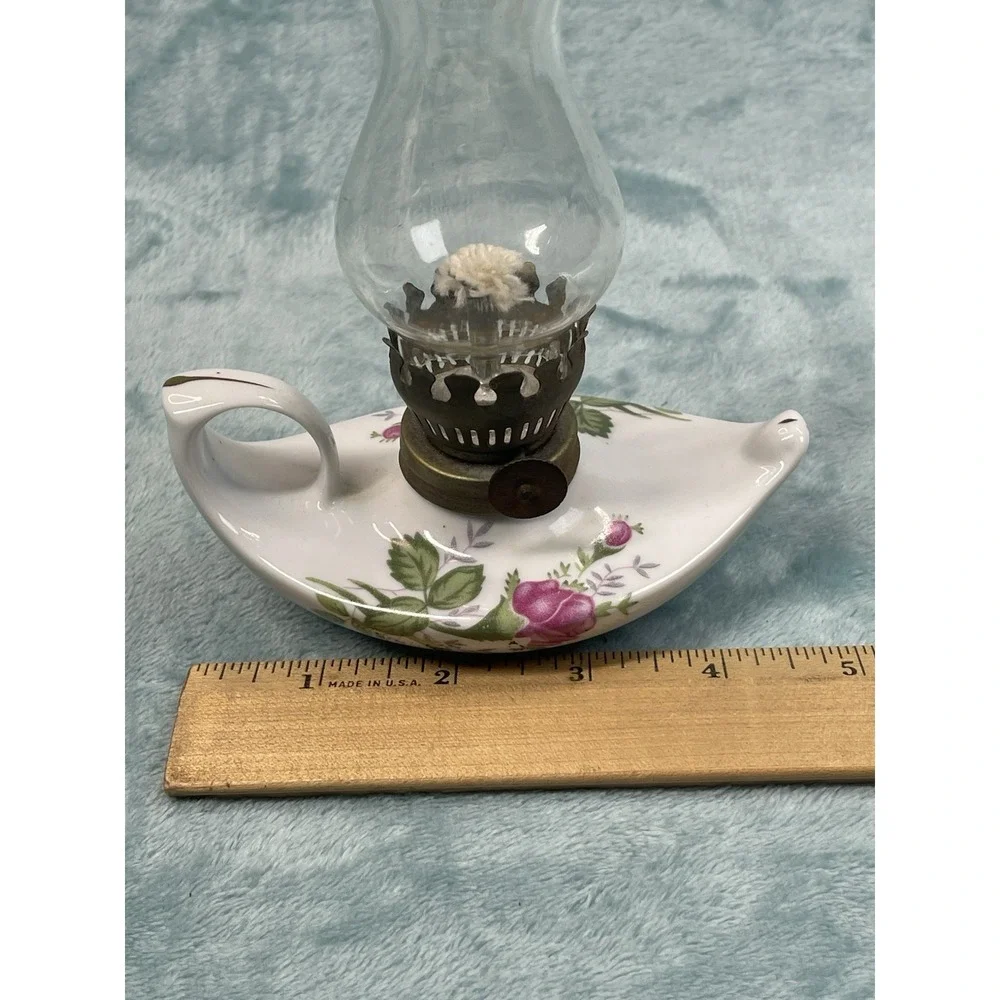 Vintage Mini Oil Lamp Porcelain Floral Finger Lamp Glass Chimney 6